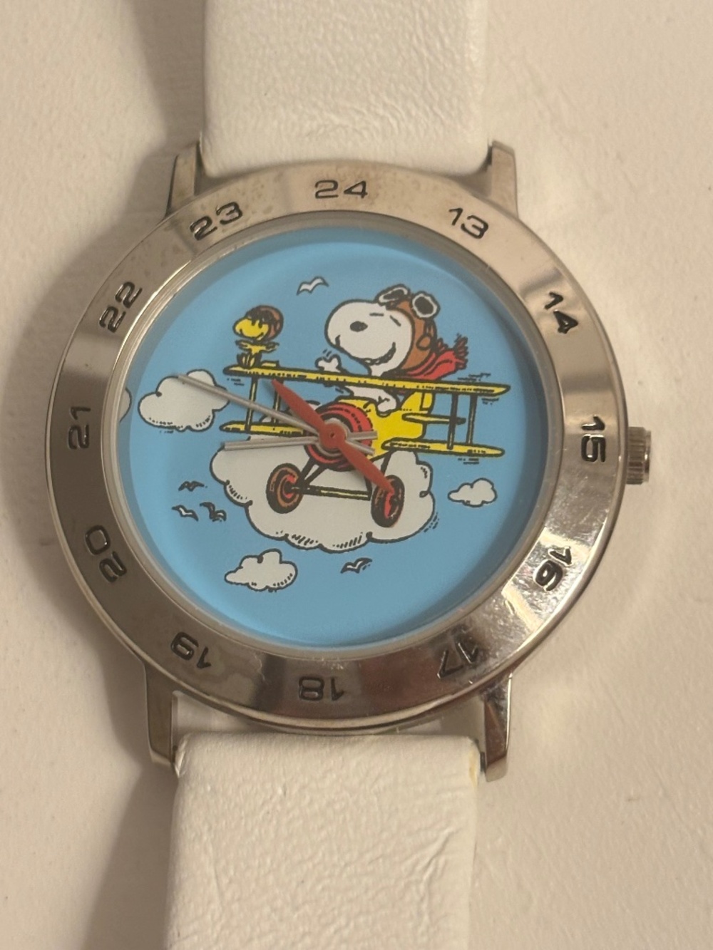 Vintage 1965 Snoopy United Feature Syndicate Watch Leather Band Yellow Plane